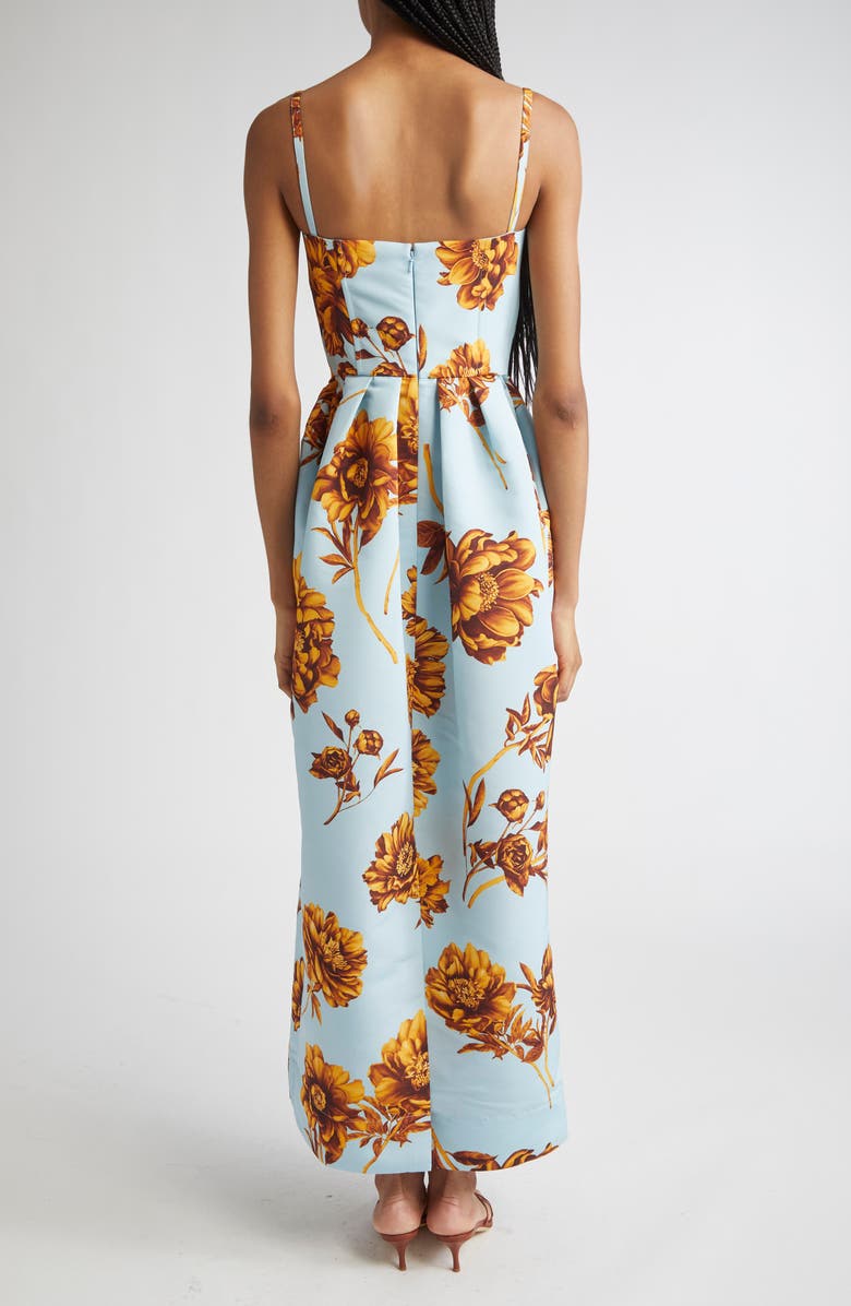 Oscar de la Renta Tonal Peony Print Faille Bustier Gown, Alternate, color, Brown/ Ice Blue