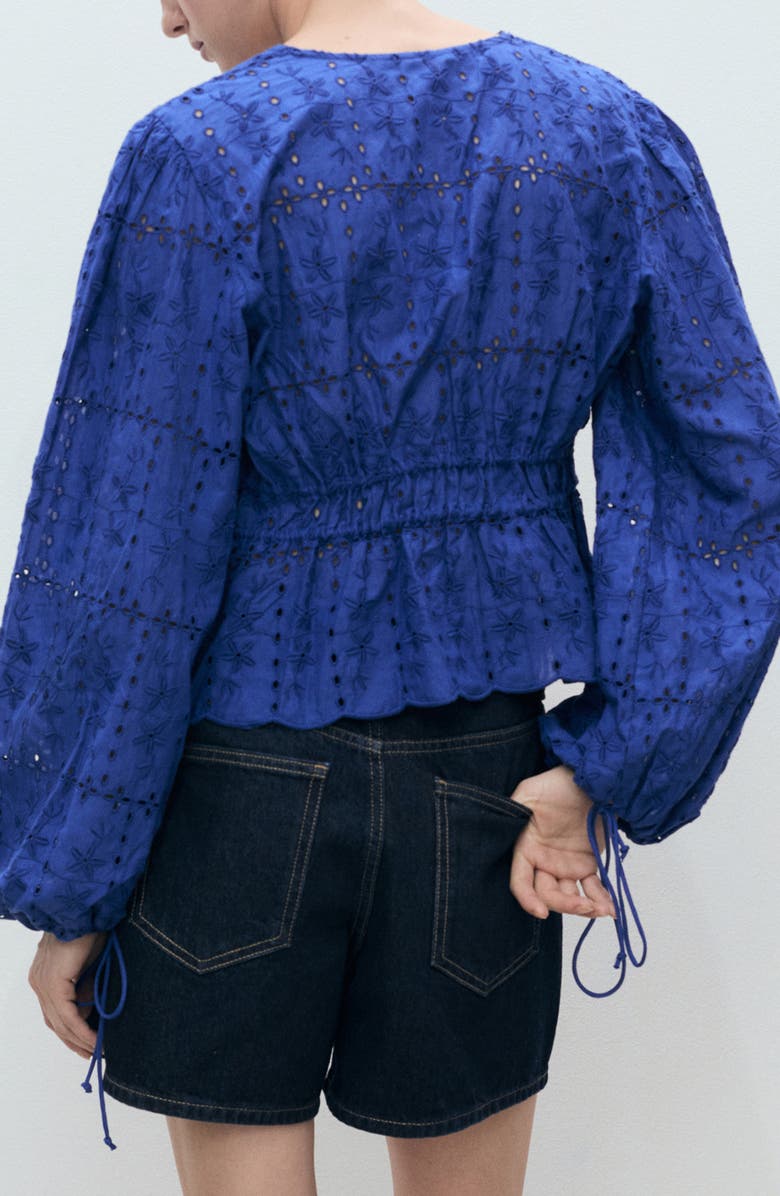 MANGO Eyelet Embroidered Tie Front Long Sleeve Cotton Top, Alternate, color, Blue