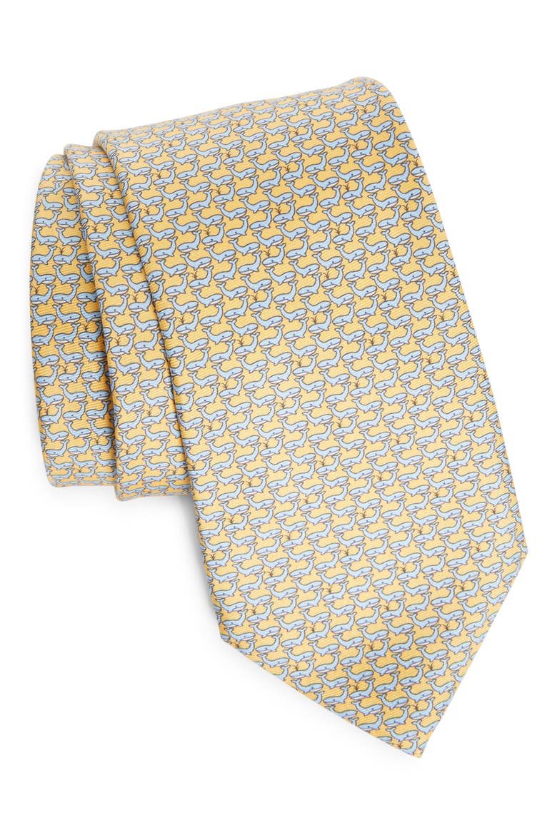 Whale Print Mulberry Silk Tie, Main, color, YELLOW