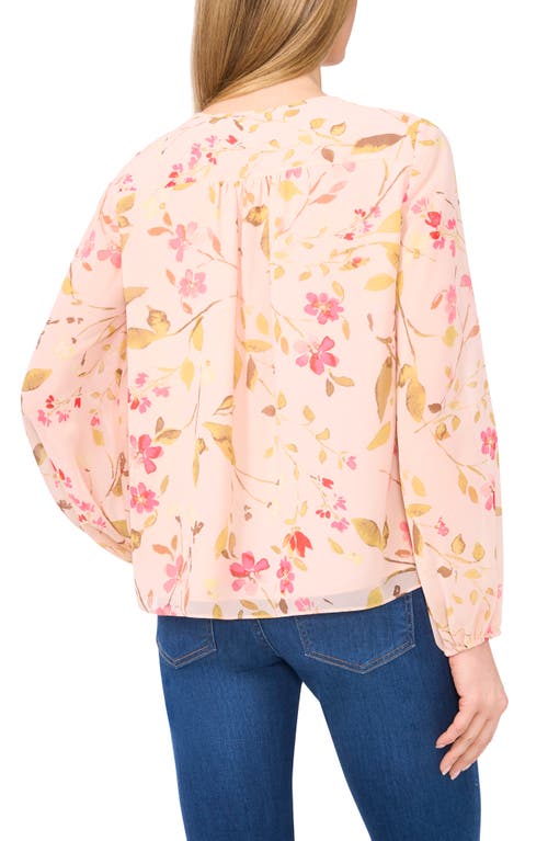 Cece Floral Print Tie Neck Top In Sugar Peach