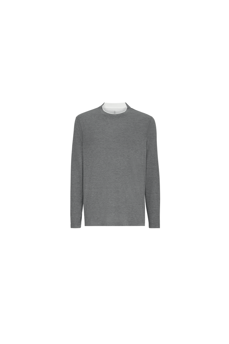 Silk and cotton lightweight jersey long sleeve crew neck T-shirt with contrast detail, Alternate, color, Off-White