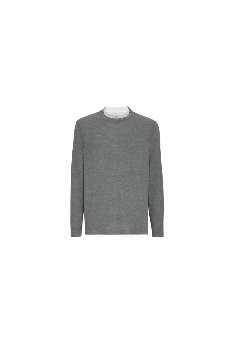 Brunello Cucinelli Silk and cotton lightweight jersey long sleeve crew neck T-shirt with contrast detail, Alternate, color, Off-White