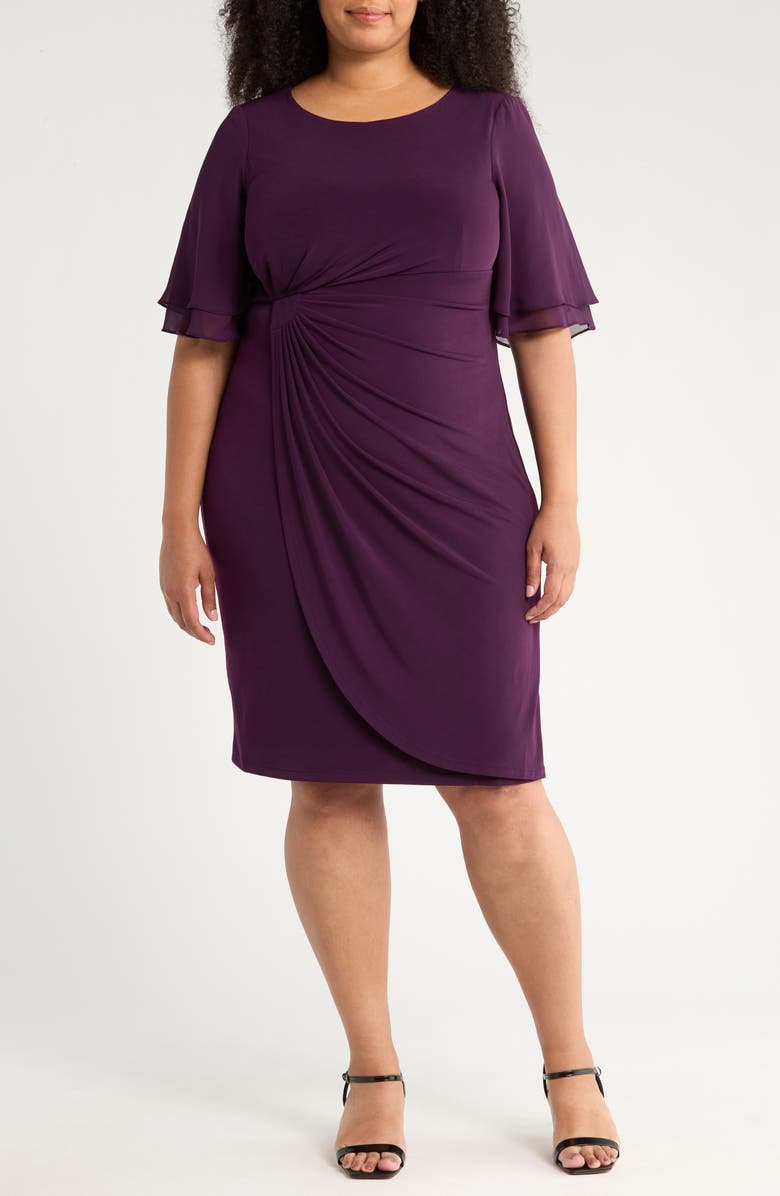 Connected Apparel Double Flutter Sleeve Faux Wrap Dress, Main, color, Aubergine/ Gold