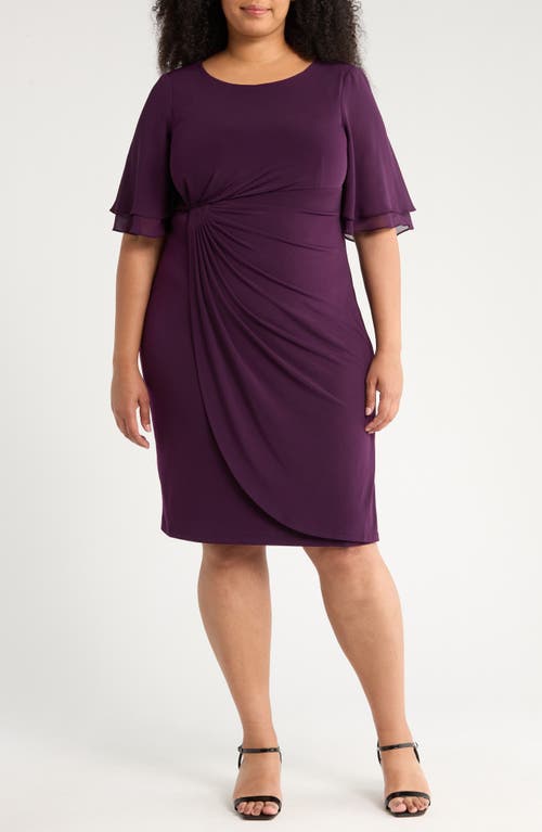 Connected Apparel Double Flutter Sleeve Faux Wrap Dress in Aubergine/Gold  product