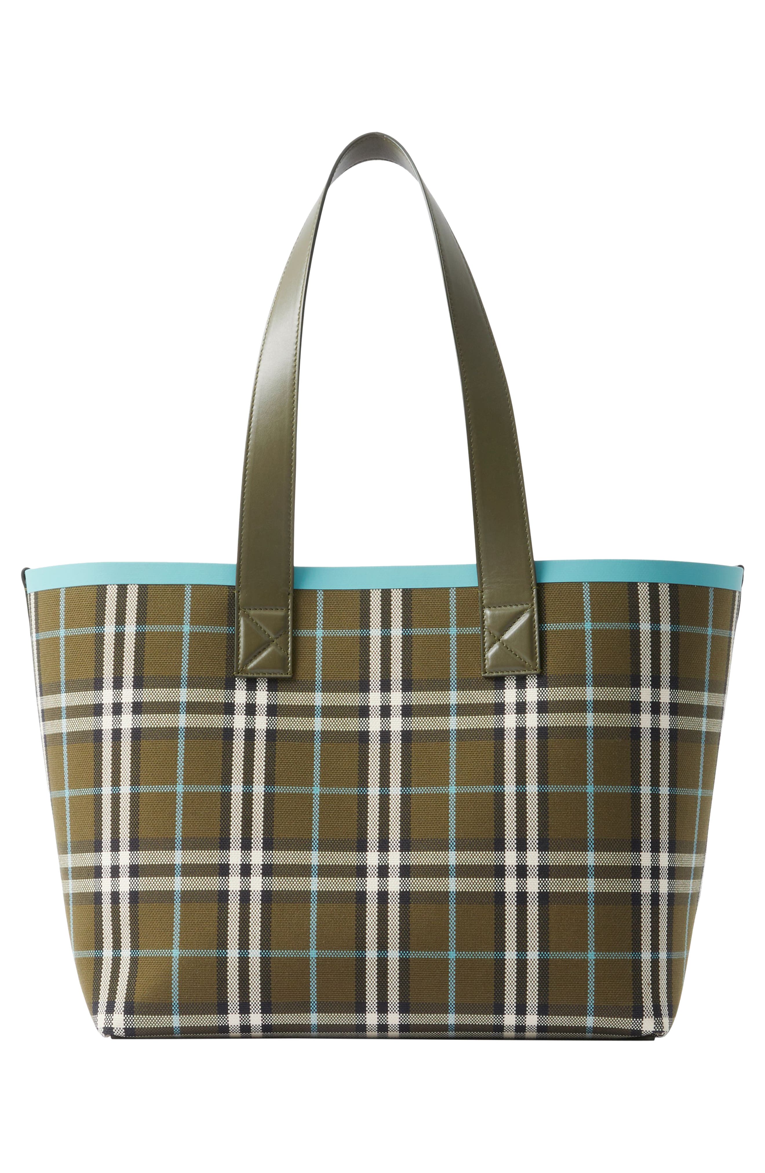 Burberry Medium Heritage Check Canvas Tote, Alternate, color, Olive Green