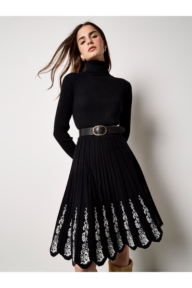 Lace Embroidery Fit Flare Knit Dress, Alternate, color, Black