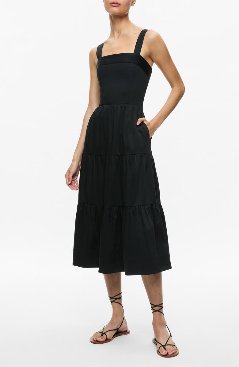 Alice + Olivia Saige Tiered Stretch Poplin Midi Dress, Alternate, color, 