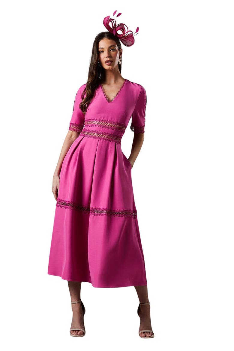 Crochet Insert Crepe V-Neck Midi Dress, Main, color, Pink