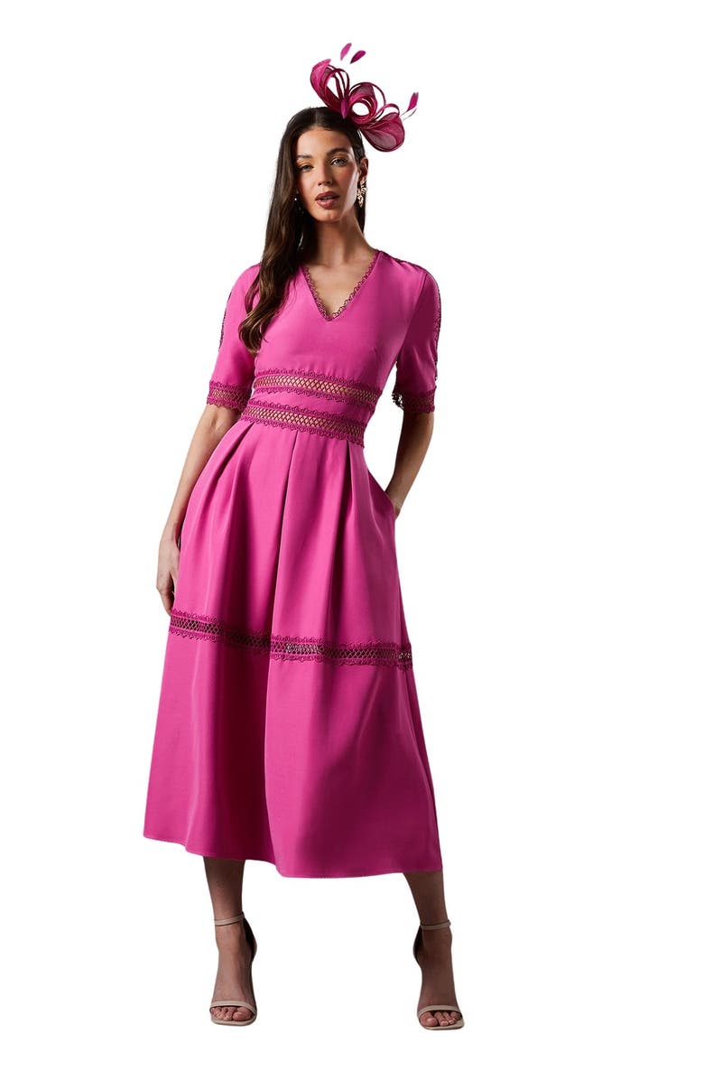 Coast Crochet Insert Crepe V Neck Midi Dress, Main, color, Pink