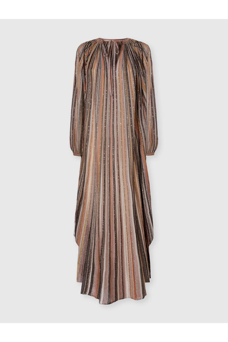 Long Caftan In Ribbed Viscose Lamé With Wide Sleeves, Main, color, Gold& Beige