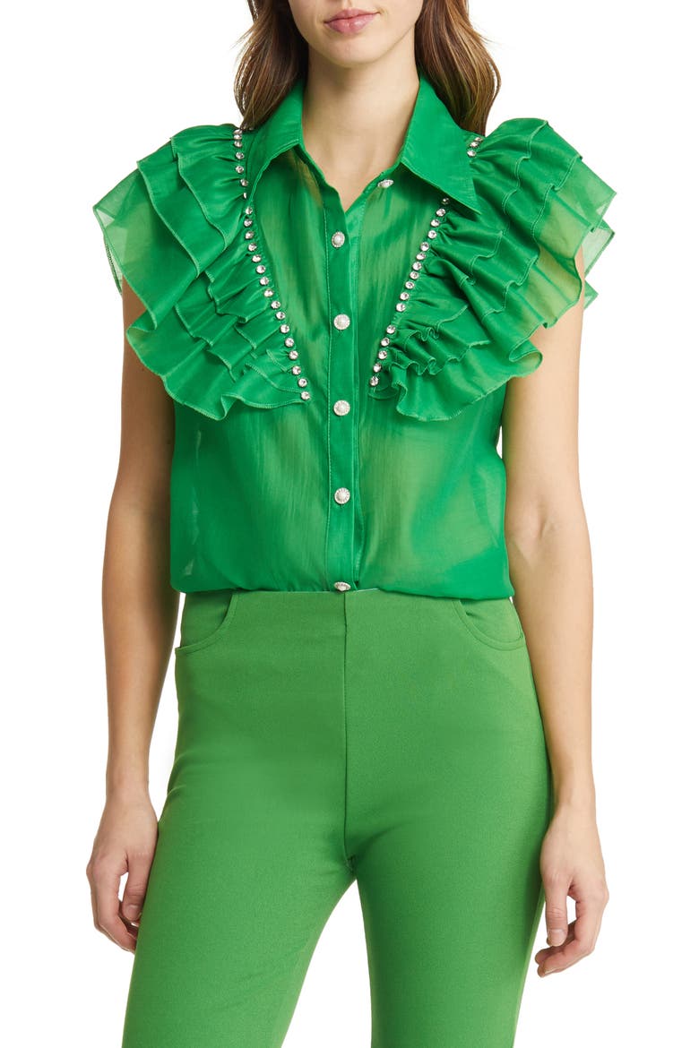 Holly Rhinestone Ruffle Button-Up Blouse, Main, color, BRIGHT GREEN