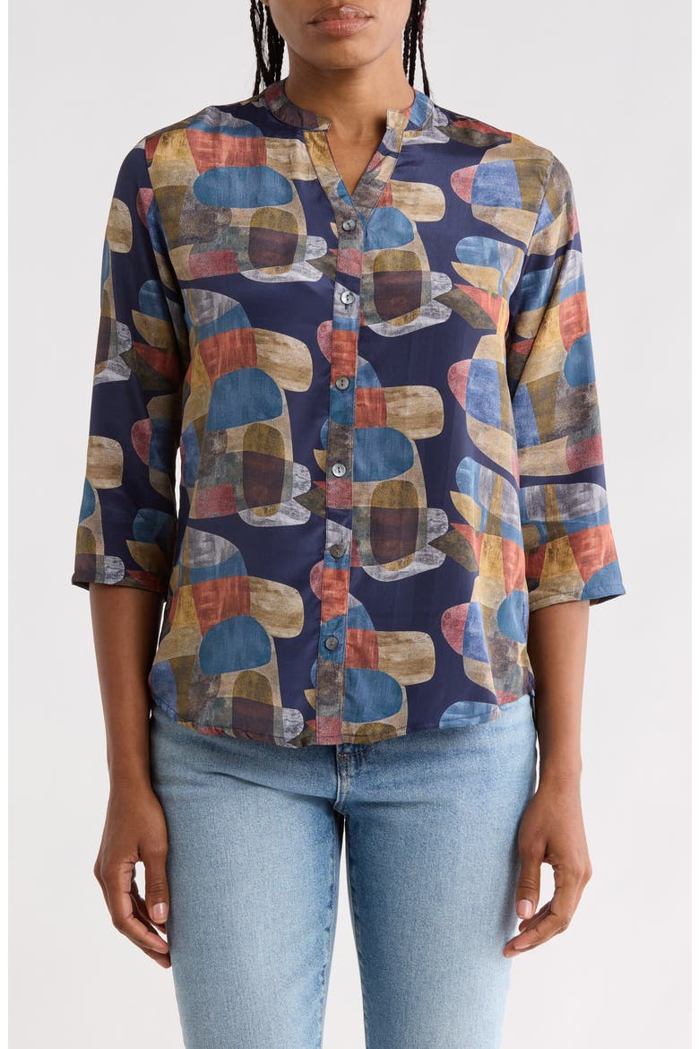 Print Mandarin Collar Shift Top, Main, color, BLUE/ RED MULTI