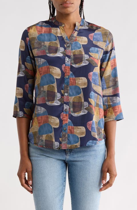 Print Mandarin Collar Shift Top