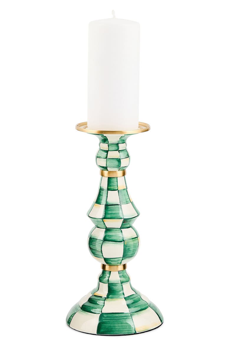 Emerald Check Large Pillar Candleholder, Alternate, color, EMERALD