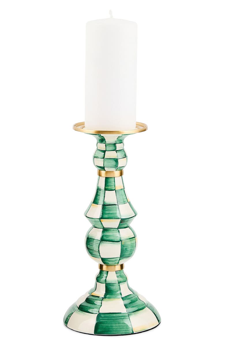 MACKENZIE CHILDS Emerald Check Large Pillar Candleholder, Alternate, color, Emerald