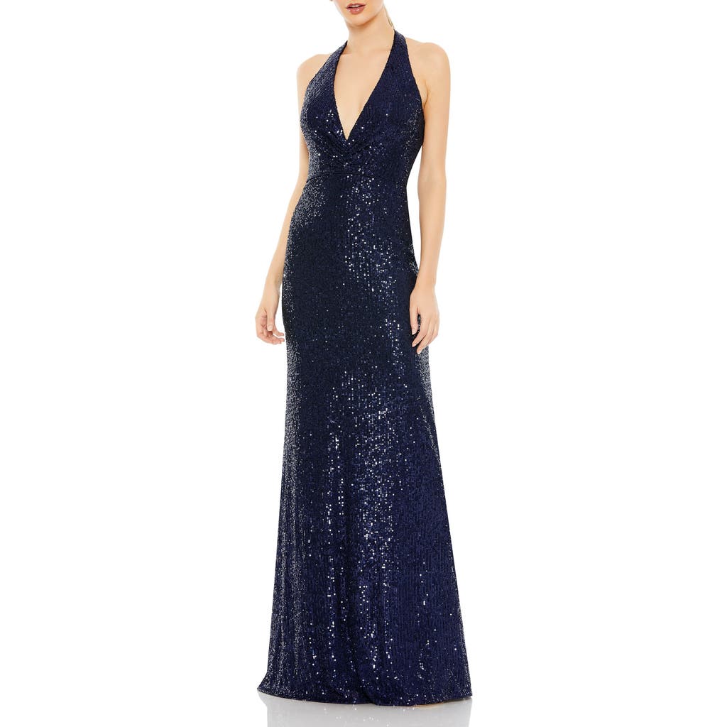 Mac Duggal Sequined Halter Strap Plunge Neck Gown