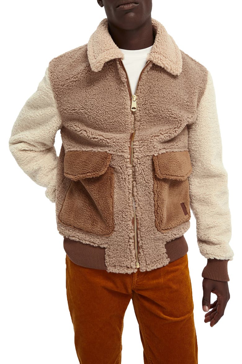 Colorblock Fleece Bomber Jacket, Main, color, BROWN