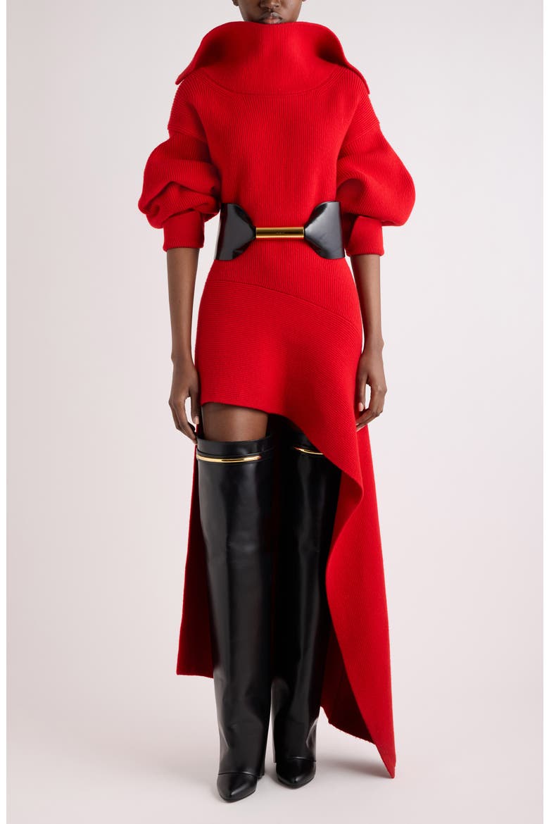 High Neck Slashed Knit Minidress, Alternate, color, RED