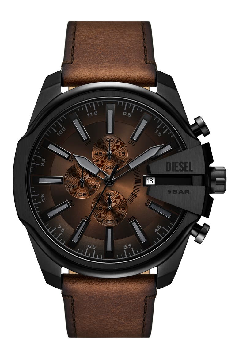 Mega Chief Slim Chronograph Leather Strap Watch, Main, color, BROWN