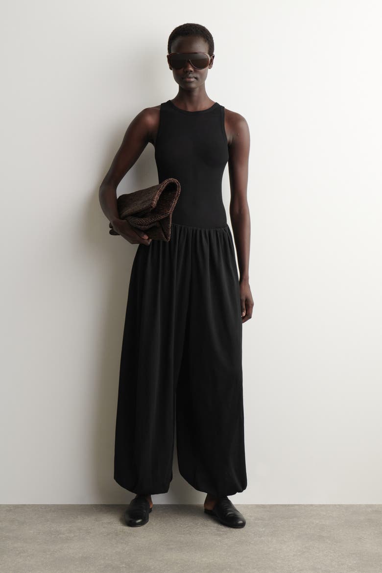 Gathered Cotton Balloon-leg Pants, Main, color, BLACK