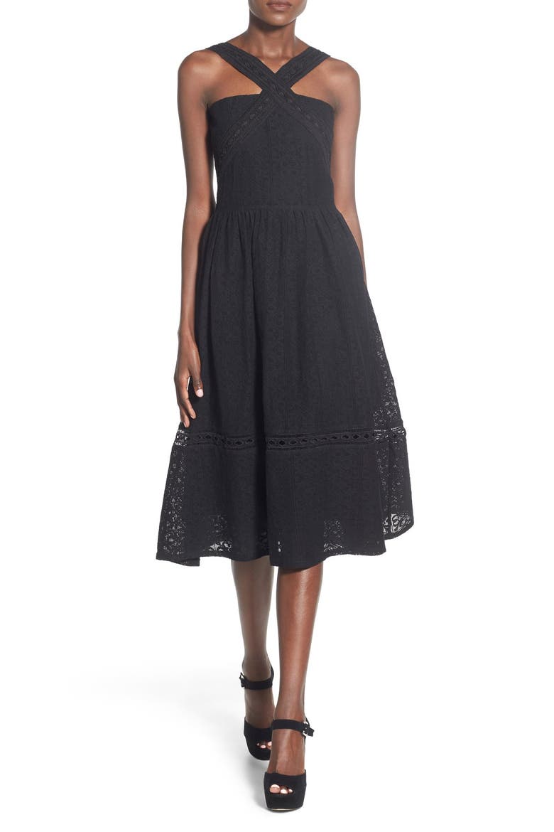 Lace Fit & Flare Midi Dress, Main, color, BLACK