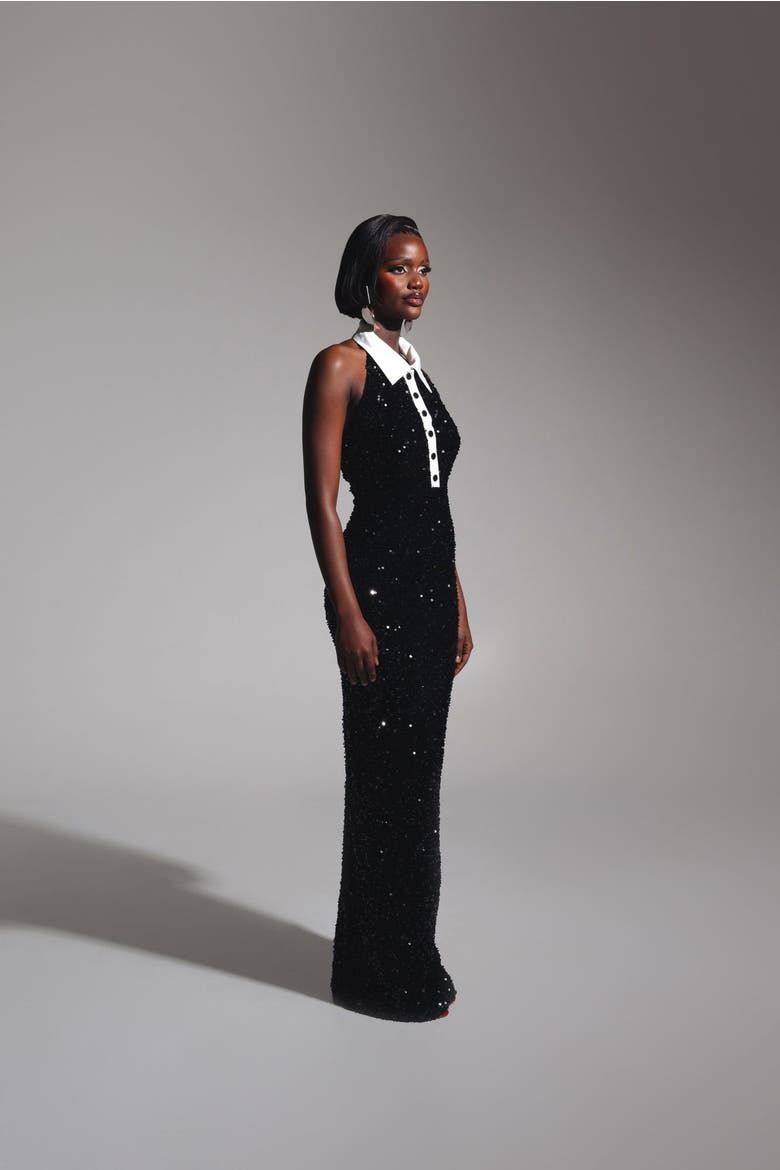 Ria Halter Sequin Maxi Dress, Alternate, color, Black
