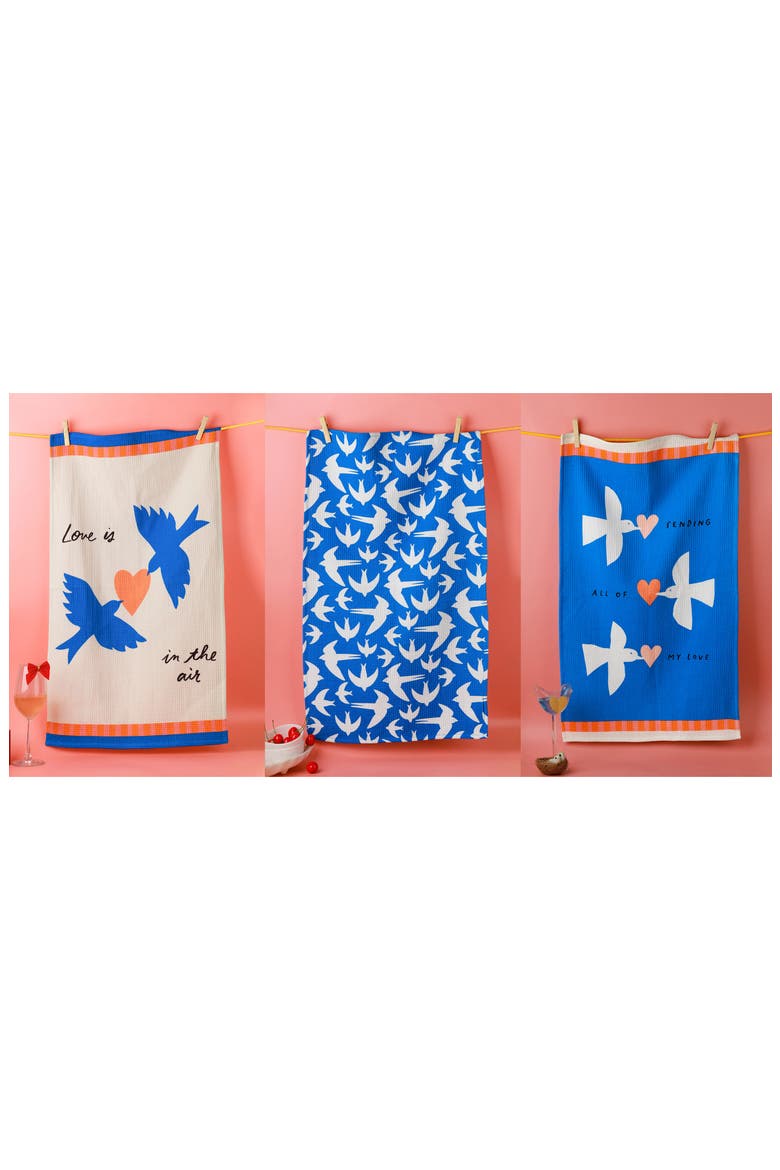 Love Is In The Air Set of 3 Kitchen Towels, Alternate, color, ROYAL BLUE/ CORAL OR