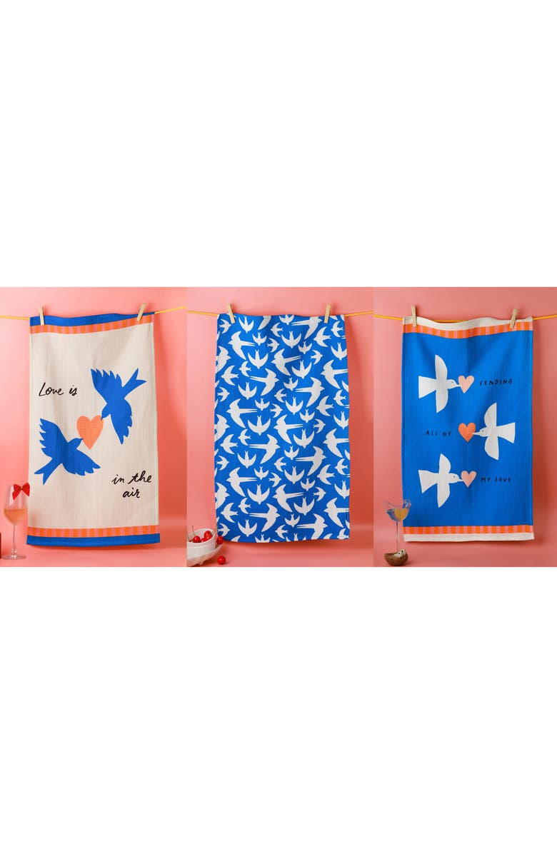Tiramisu Love Is In The Air Set of 3 Kitchen Towels, Alternate, color, Royal Blue/ Coral Orange