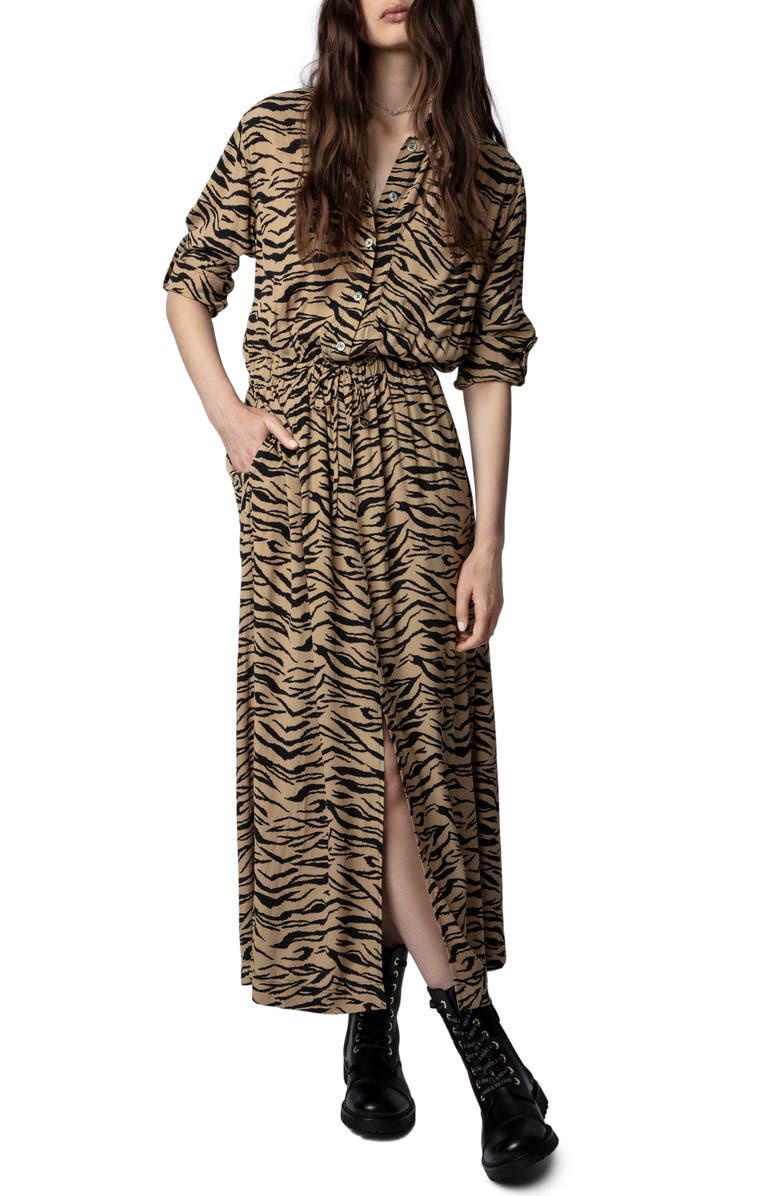 Zadig & Voltaire Radial Tiger Print Maxi Shirtdress, Alternate, color, Natural