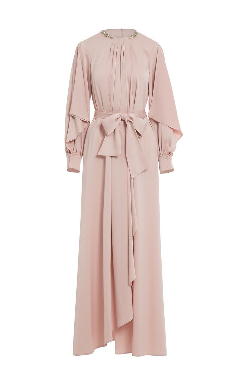 Gizia Front Pleated Detail Slit Sleeve Powder Long Dress, Main, color, Pink