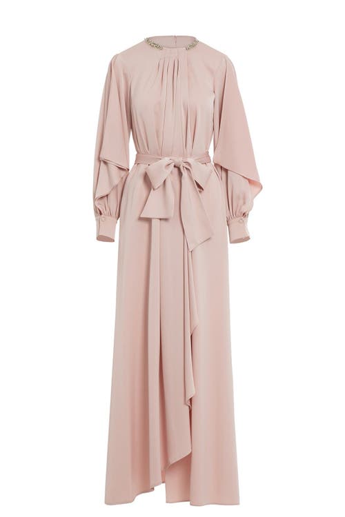 Gizia Front Pleated Detail Slit Sleeve Powder Long Dress In Pink