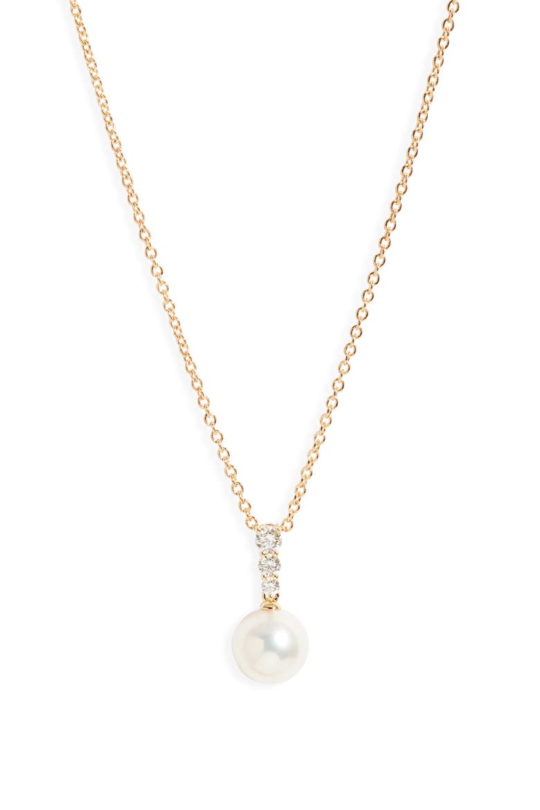 Morning Dew Akoya Pearl & Diamond Pendant Necklace, Main, color, YELLOW GOLD/ DIAMOND/ PEARL