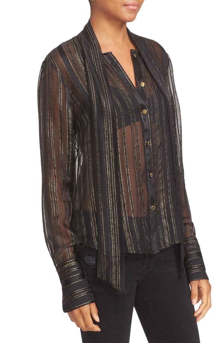 FRAME Tie Neck Metallic Stripe Silk Blouse, Alternate, color, 