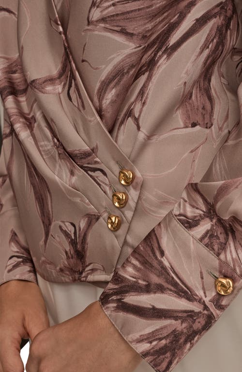 Donna Karan New York Floral Satin Surplice Top In Brown