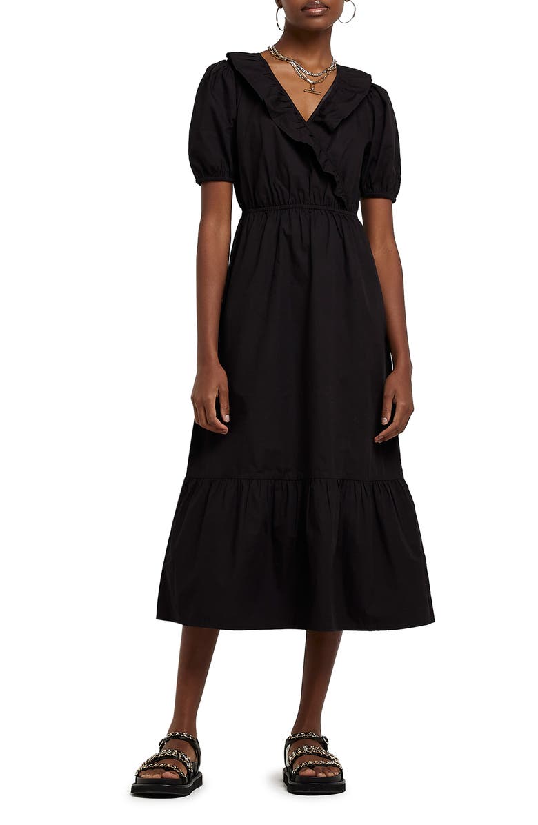 River Island Puff Sleeve Faux Wrap Midi Dress, Main, color, 