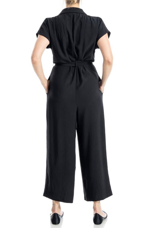 Max Studio Collared Short Sleeve Tie Waist Jumpsuit In Black