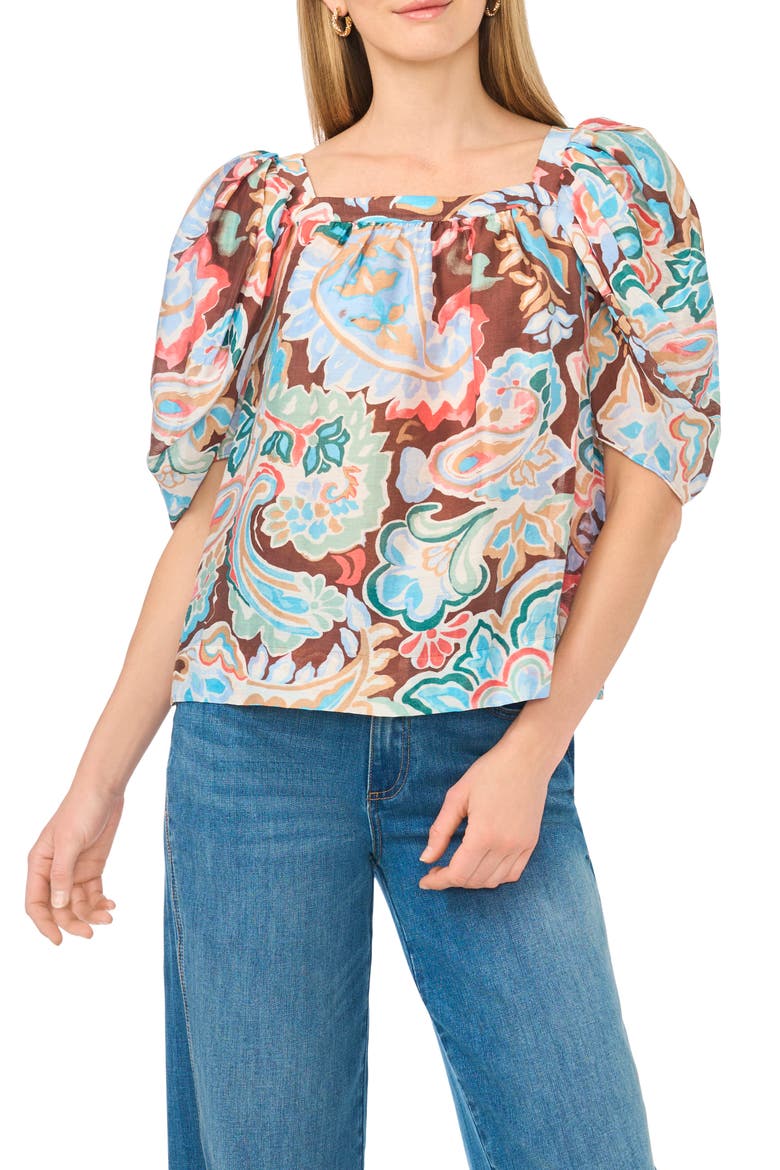 Puff Sleeve Printed Top, Main, color, COCOA