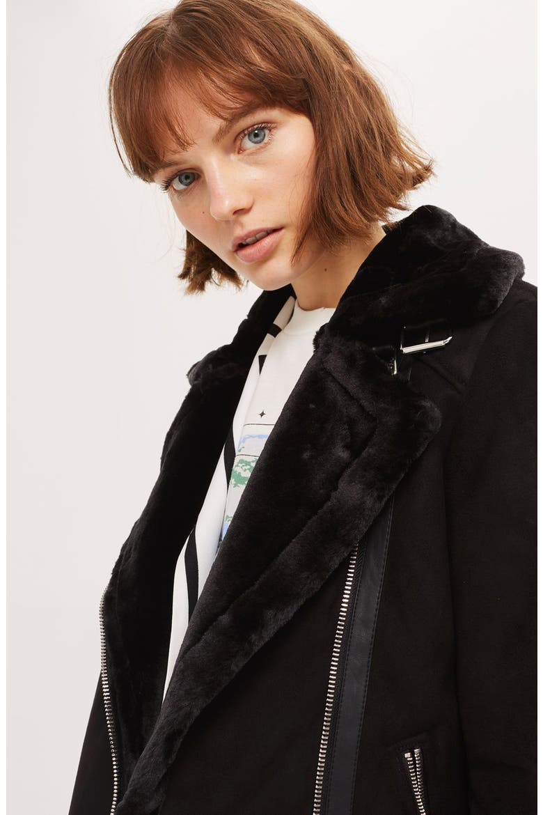 Faux Shearling Biker Jacket, Alternate, color, BLACK