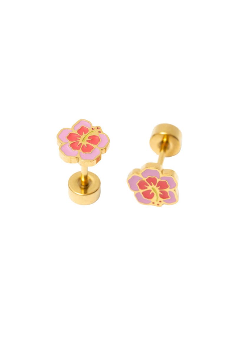 Girls' Hibiscus Flatback Stud Hypoallergenic Earrings, Alternate, color, Pink
