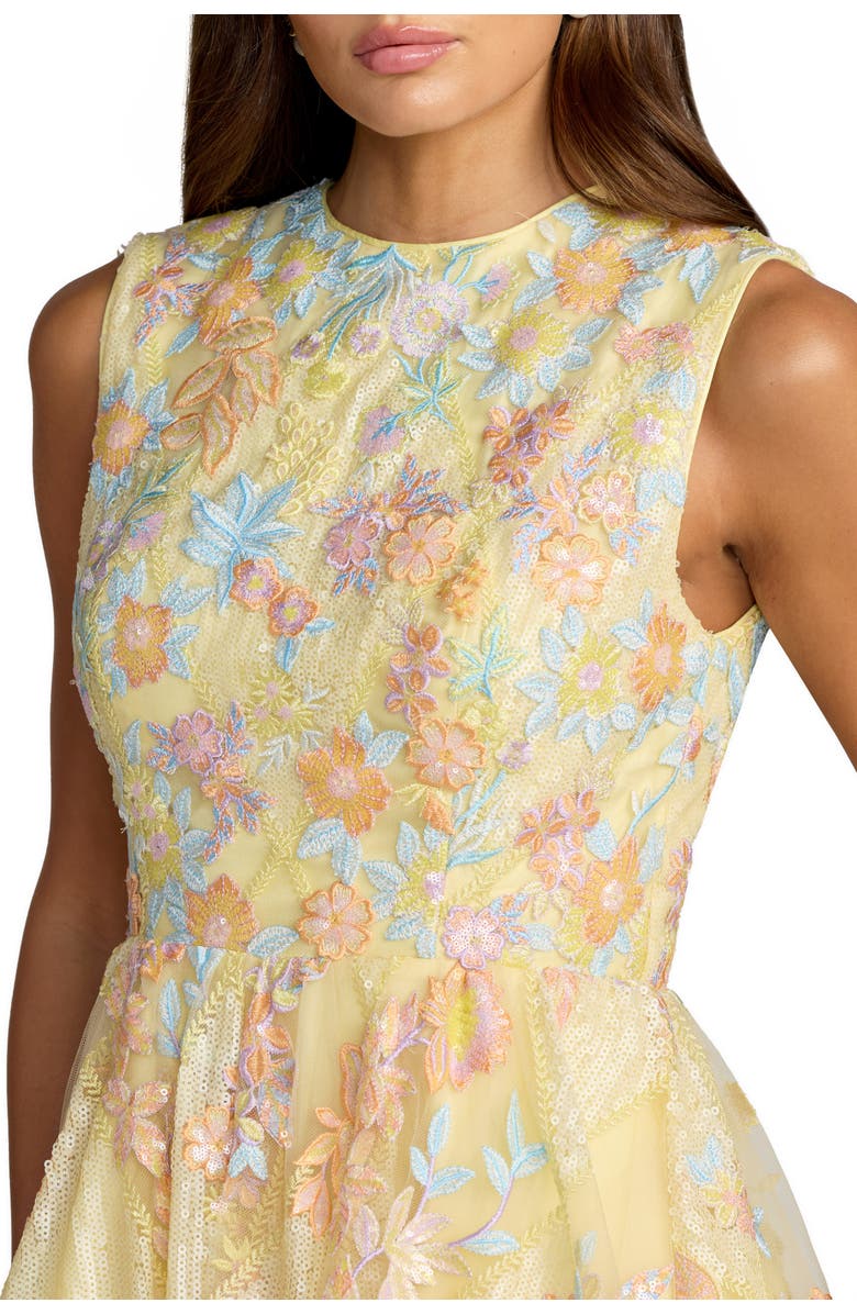 Mac Duggal Floral Embroidered Sleeveless Tulle Midi Dress, Alternate, color, Yellow Multi