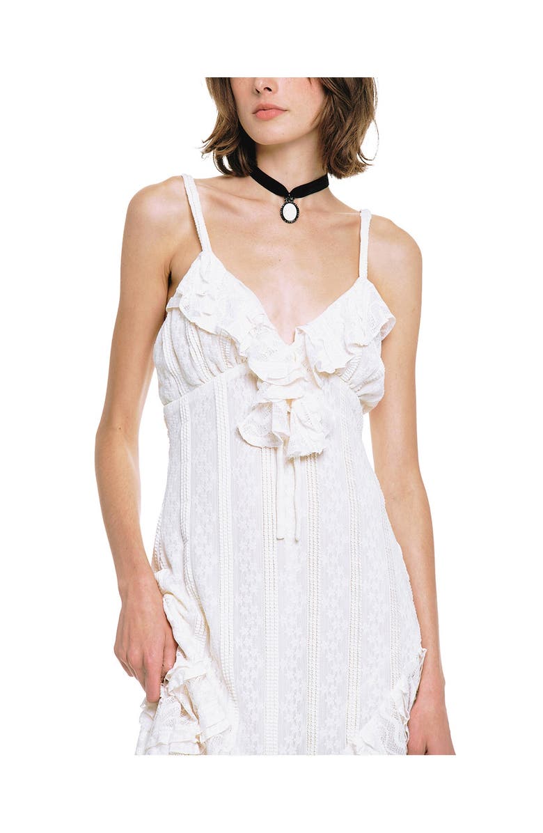 Anna Sui Floral Ruffle Stretch Lace Handkerchief Dress, Alternate, color, Cream