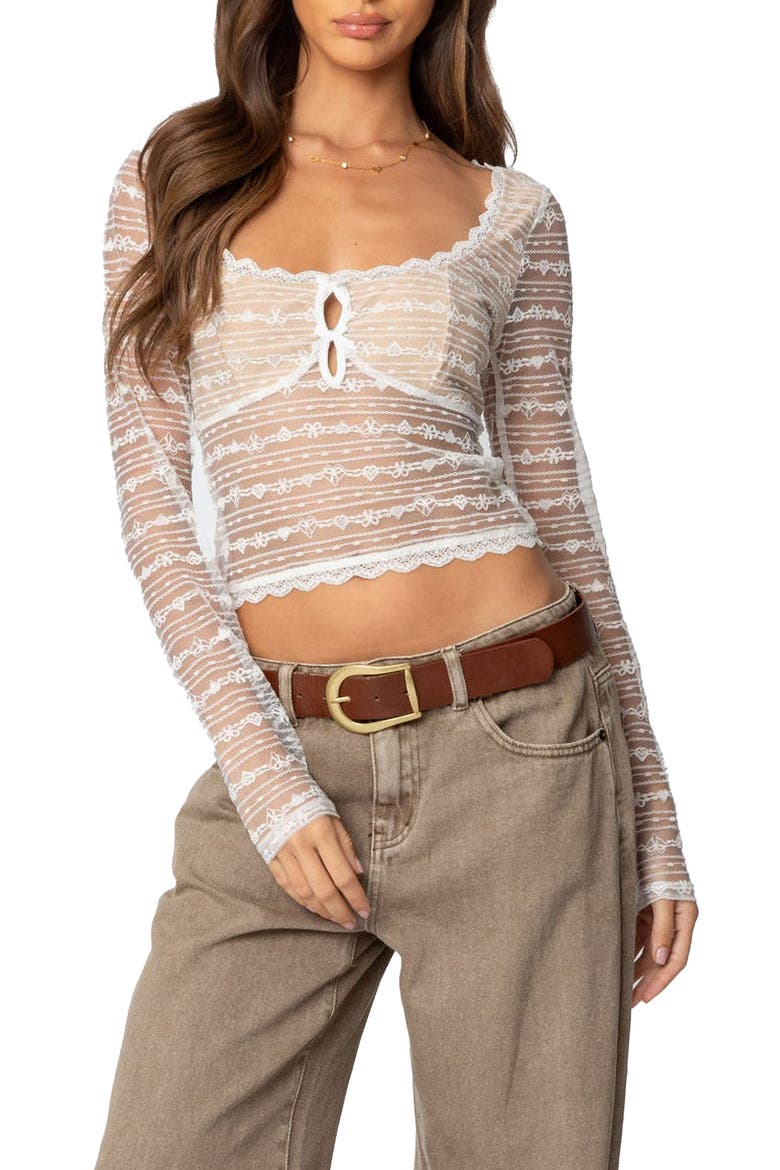 Heart & Bow Sheer Lace Top, Main, color, WHITE