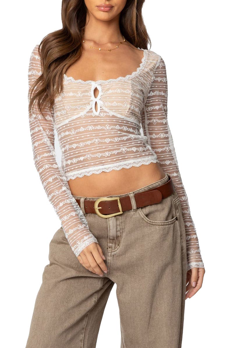EDIKTED Heart & Bow Sheer Lace Top, Main, color, White