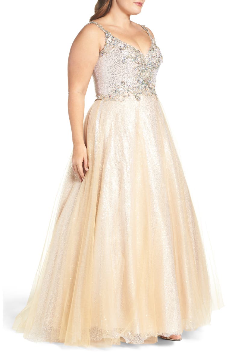 Beaded Tulle Ballgown, Alternate, color, NUDE SILVER