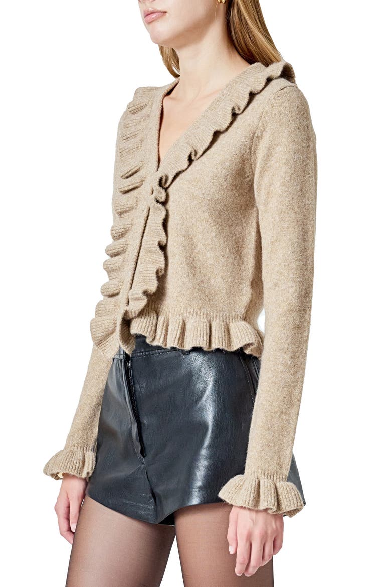 Ruffle Crop Cardigan, Alternate, color, TAN