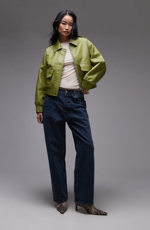 Topshop Textured Faux Leather Crop Bomber Jacket In Green