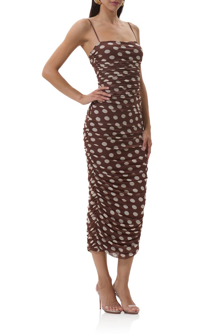 Hazel Ruched Mesh Midi Dress, Alternate, color, CHOCOLATE HALO DOT