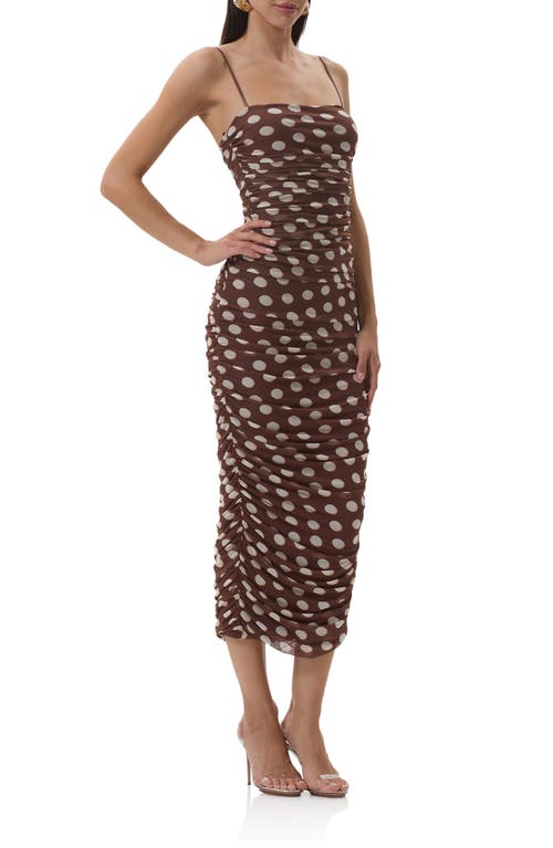 Afrm Hazel Ruched Mesh Midi Dress In Brown