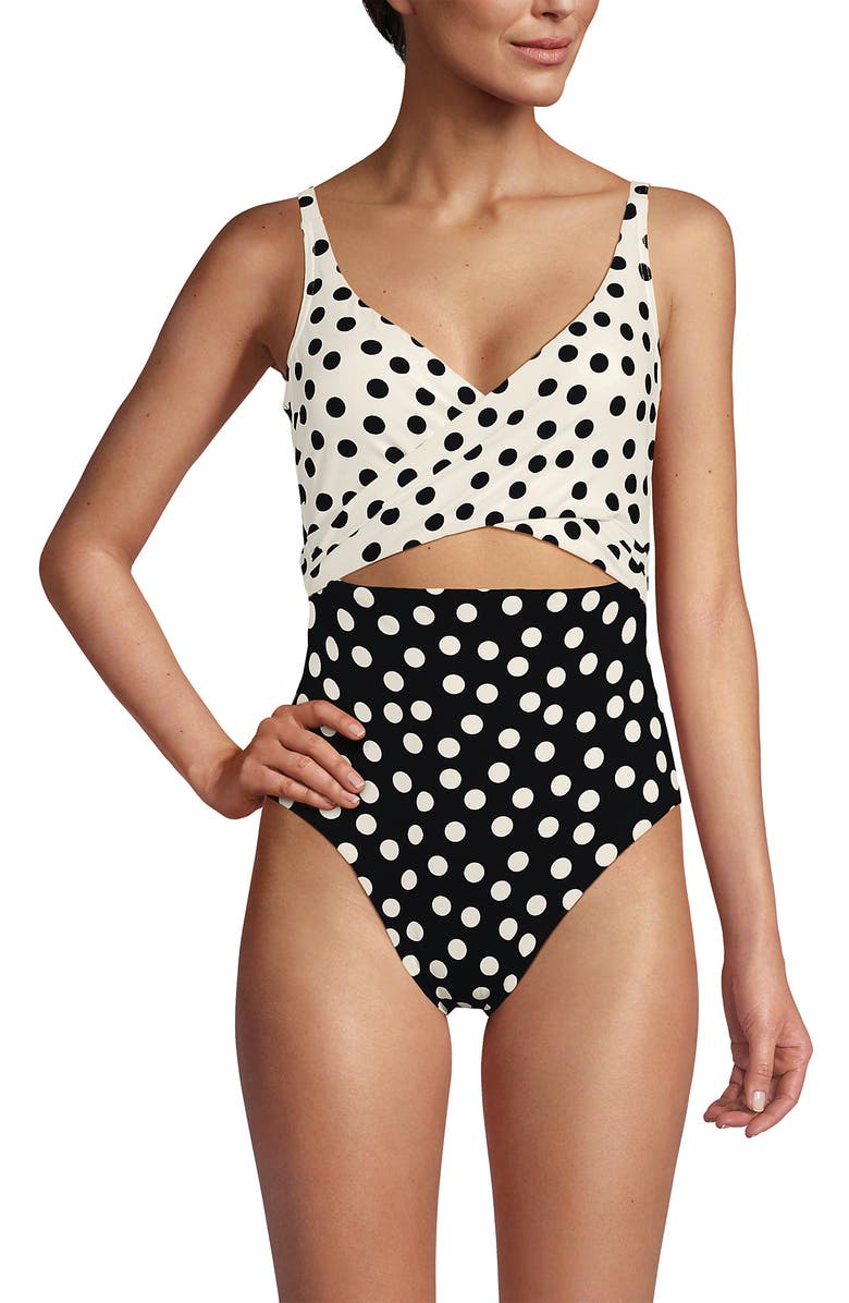 Lands' End Wrap Monokini High Leg One Piece Swimsuit, Main, color, Black/Egret Mixed Tossed Dots