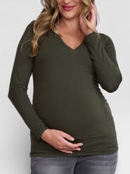 MOTHERHOOD MATERNITY V-Neck Side-Ruched Maternity Long Sleeve Tee